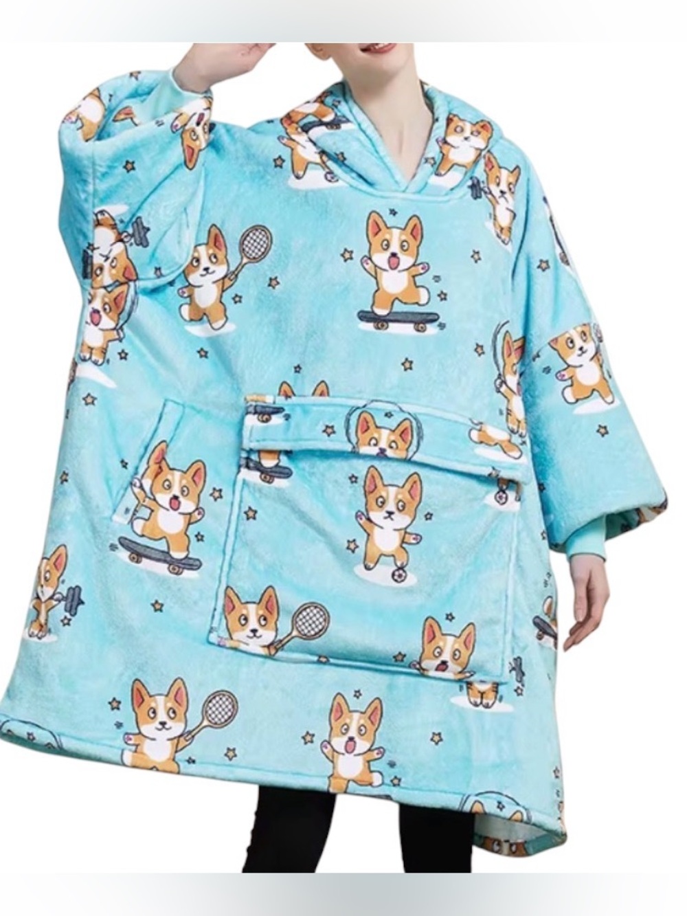 ⭐️ New in packaging- Premium Hoodie Blanket sweatshirt Corgi Print - Light Blue